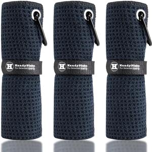 Handy Picks Microfiber Golf Towel (16" X 16") with Carabiner Clip, Waffle Pattern Golf Towel Hook and Loop Fastener - The Convenient Golf Cleaning Towel (Black)