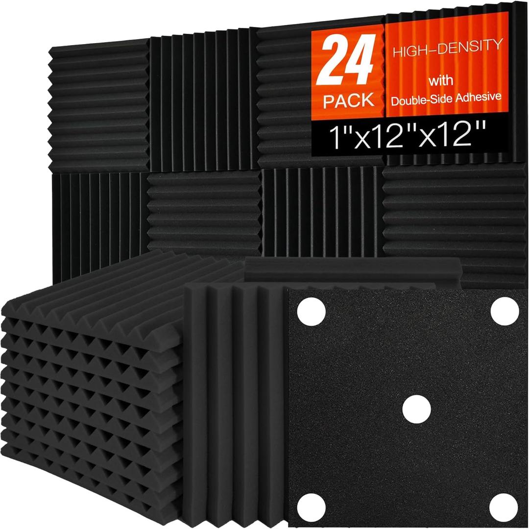 24 Pack Acoustic Foam Panels 1" x 12" x 12" Sound Proof Foam Panles Saiqiang Soundproofing Noise Absorbing Wedge Black Panels for Wall Studio Foams with Double-Side Adhesive