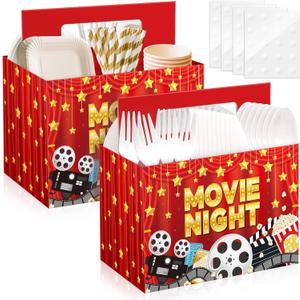 2PCS Movie Night Utensil Holder Disposable Utensil Caddy for Movie Night Supplies Cutlery Holder with Handles for Birthday Party Decorations Paper Cutlery Caddy for Cups Spoons Forks Napkins Plates
