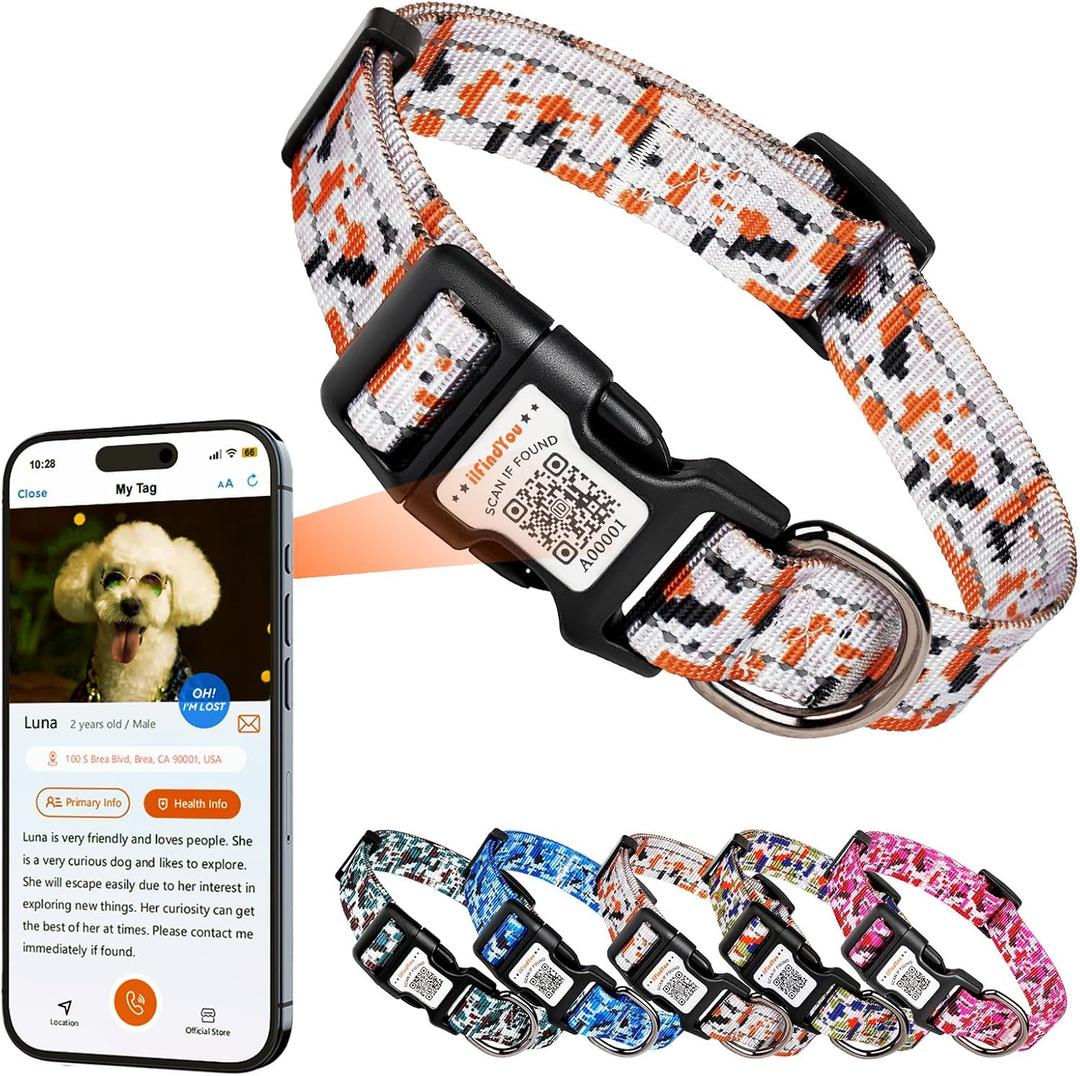 Reflective Dog Collar, Personalized Dog Collars with QR Code Buckle, Soft Nylon Pet Collar Adjustable for Large Dogs, Camo Gray L