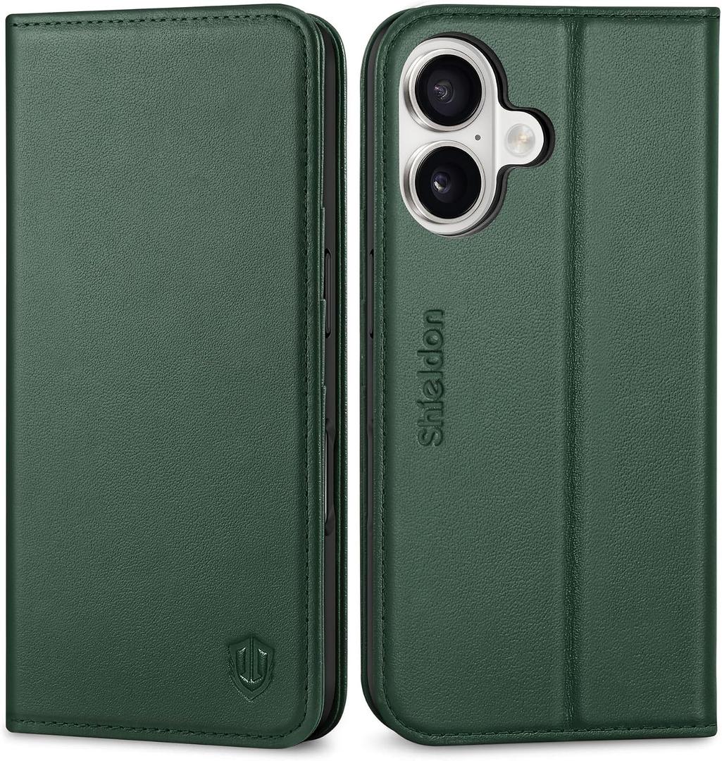 SHIELDON Case for iPhone 16 5G 2024, Genuine Leather Wallet Flip RFID Blocking Card Slot Kickstand Magnetic Shockproof TPU Phone Holder Case Compatible with iPhone 16 6.1" - Evergreen
