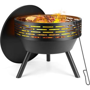 23 Inch Cast Iron Round Fire Pit with Grill, 3-in-1 Outdoor Fire Bowl, Fire Pit Table with Metal Lid and Fire Poker, Wood Burning Firepit for BBQ Bonfire Patio Picnic