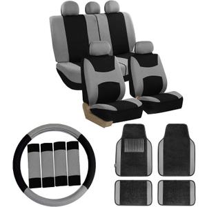 FH Group Car Seat Covers Combo Full Set with Carpet Floor mats Steering Wheel Cover and Seat Belt Pads- Universal Fit for Cars Trucks and SUVs (Gray)