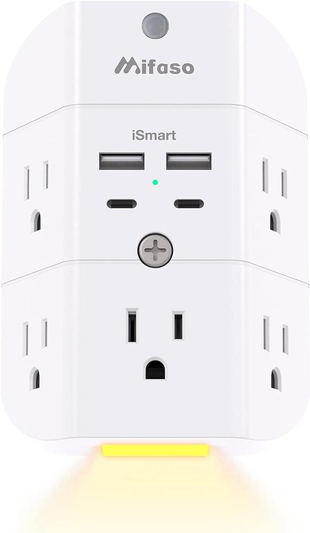 Surge Protector Outlet Extender - with Night Light, 5-Outlet Splitter and 4 USB Ports (2 USB C Charger), Multi Plug Outlet for Home, Dorm Room Essentials (White)
