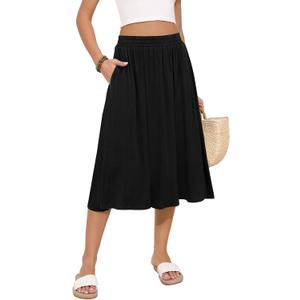 Women's Midi Skirt Summer Flowy Elastic High Waisted Casual Pleated Skirts with Pockets (XX-Large, Black)