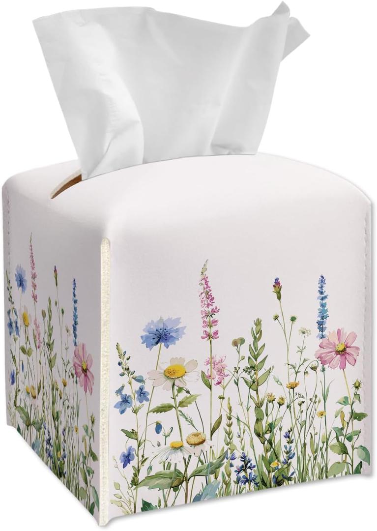 Wildflowers Tissue Box Cover Square, Colorful Flowers Tissue Box Holder with Bottom Belt, Leather Facial Paper Organizer for Bathroom Vanity Countertop, Nightstands, Dining Table, Office, Car -20