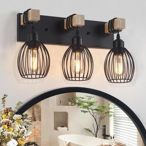 Farmhouse Bathroom Vanity Light, 3-Light Rustic Wood Bathroom Lighting Fixtures Over Mirror, Industrial Black Vanity Lights with Elegant Teardrop Lampshade for Bedroom Living Room Hallway