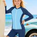 CrabQueen Girls Rash Guard Swimsuit 2 Piece Bathing Suit Long Sleeve Swimsuits UPF 50+ Sun Protection Girls' Swimwear 13-14Y (Blue)
