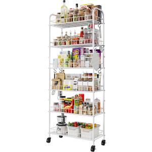 6 Tier Slim Rolling Storage Cart with Wheels, Metal Mobile Shelving Unit Organizer Utility Cart for Office Bathroom Kitchen Laundry Room Narrow Places (White 10 Inches)