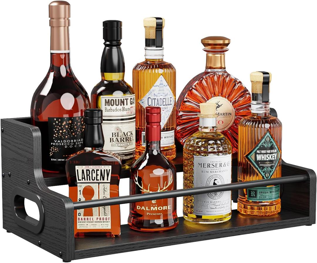 KLM Liquor Bottle Display Shelf, Coffee Syrup Rack Organizer, 2 Step Countertop Liquor Wine Rack, Mini bar,Liquor Cabinet, Home Retro Bar Shelf Stand for Liquor Whiskey, Spirits, (Black)