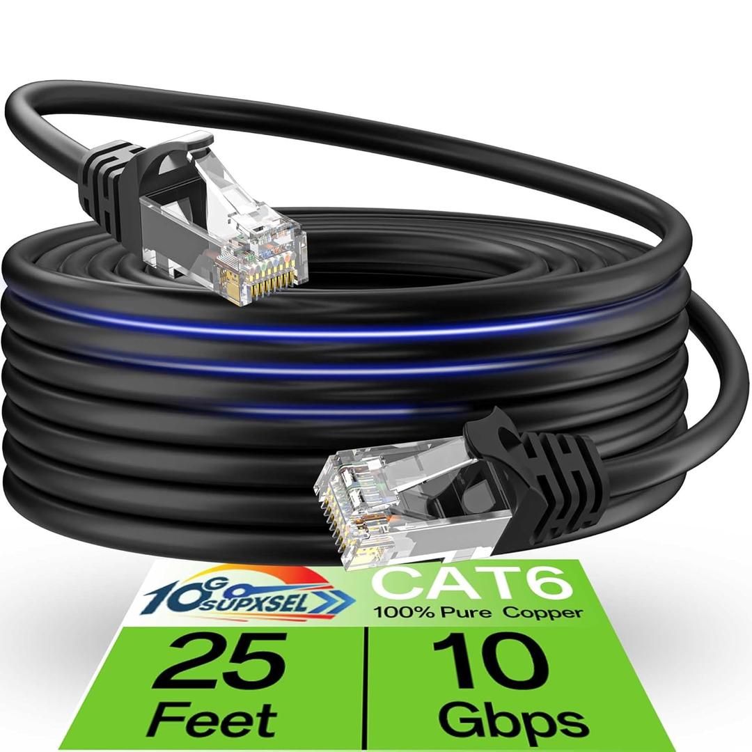 Cat 6 Ethernet Cable 25FT Outdoor&Indoor, Cat6 Ethernet Patch Cable 10Gbps, High-Speed UTP Cat6 Network Cable Pure Copper, Cat 6 Cable for Home and Office Network, Black