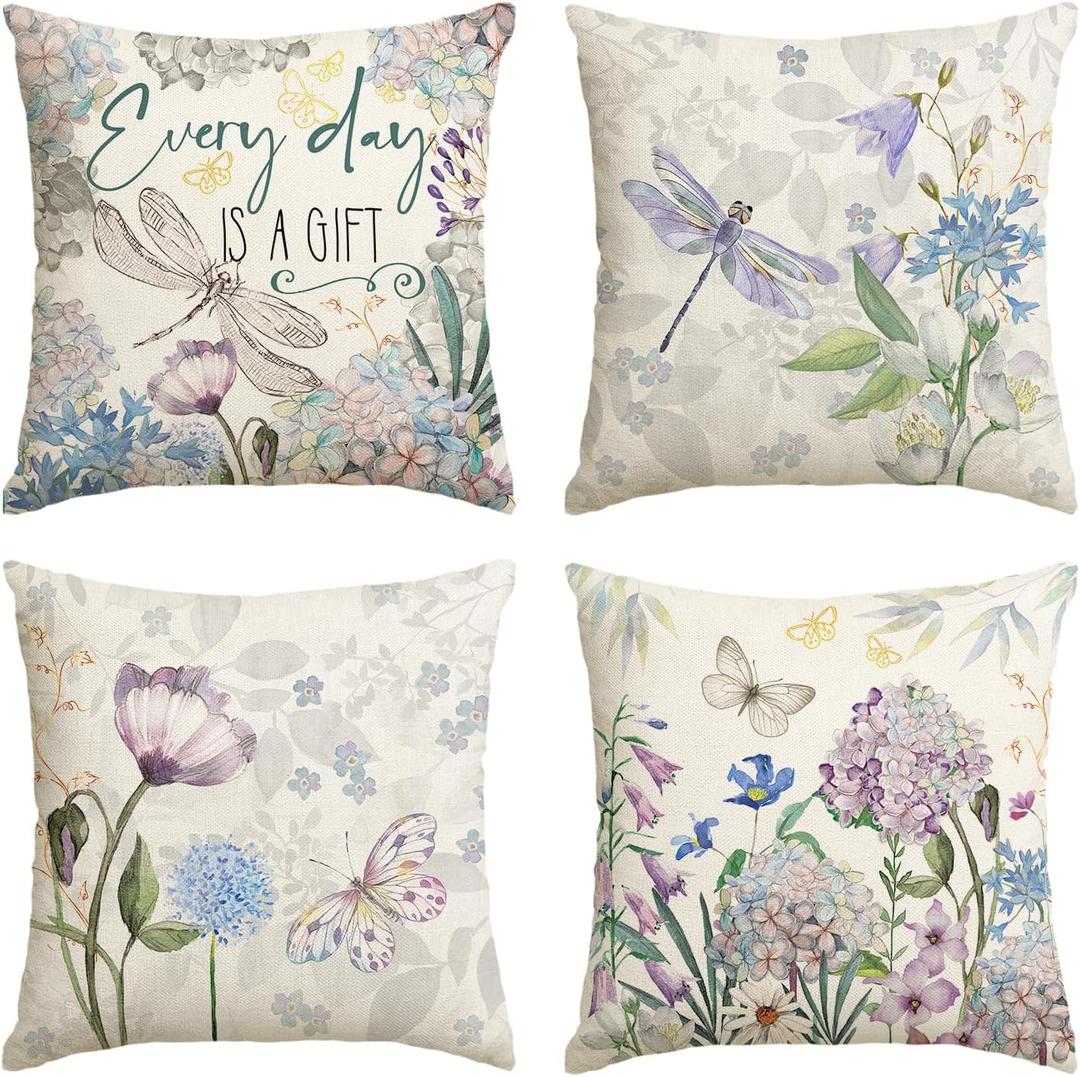 AVOIN colorlife Every Day is A Gift Hydrangea Throw Pillow Covers, 18 x 18 Inch Spring Summer Floral Butterfly Dragonfly Decoration Cushion Case for Home Sofa Couch Set of 4