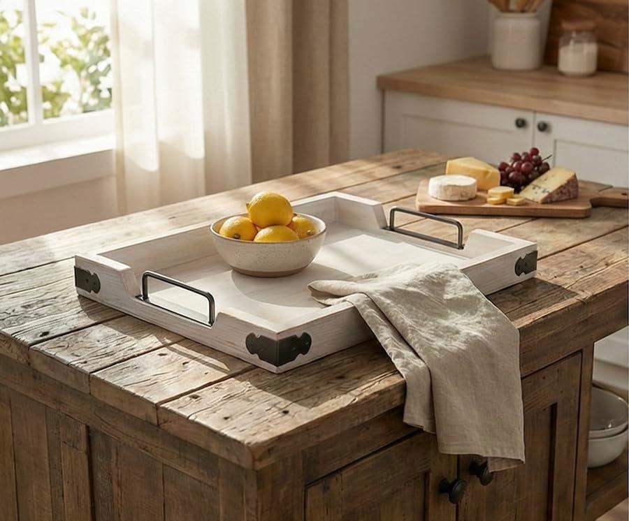 Wooden Rustic X-Large Serving Tray with Handles | White Vintage Style | Decorative Metal Corners | Ottoman & Coffee Table Décor