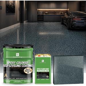 4 Gallon Dark Gray Epoxy Colored Sand Self‑Leveling Floor Paint, Marble‑Effect, 100% High Solids, 5.5:1 Sand‑Aggregate Ratio,6H Hardness,1.5mm Finished Thickness (Dark gray,512 Fl Oz,15Kg)