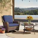 Cambridge Outdoor Rattan Round Coffee Table, All-Weather HDPE Wicker Patio Side Table 2-Tier Circle Table with Storage for Garden Porch Deck, Brown