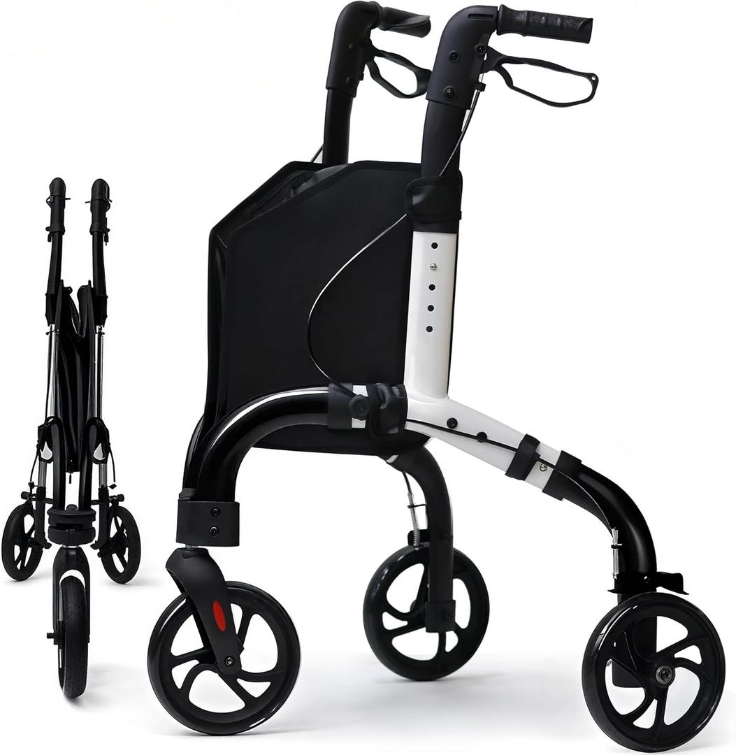 Premium 3 Wheel Rollator Walker for Seniors, Lightweight Foldable Three Wheeled Rolling Walker with Storage Bag, Aluminum Mobility Aid (Gray&white)