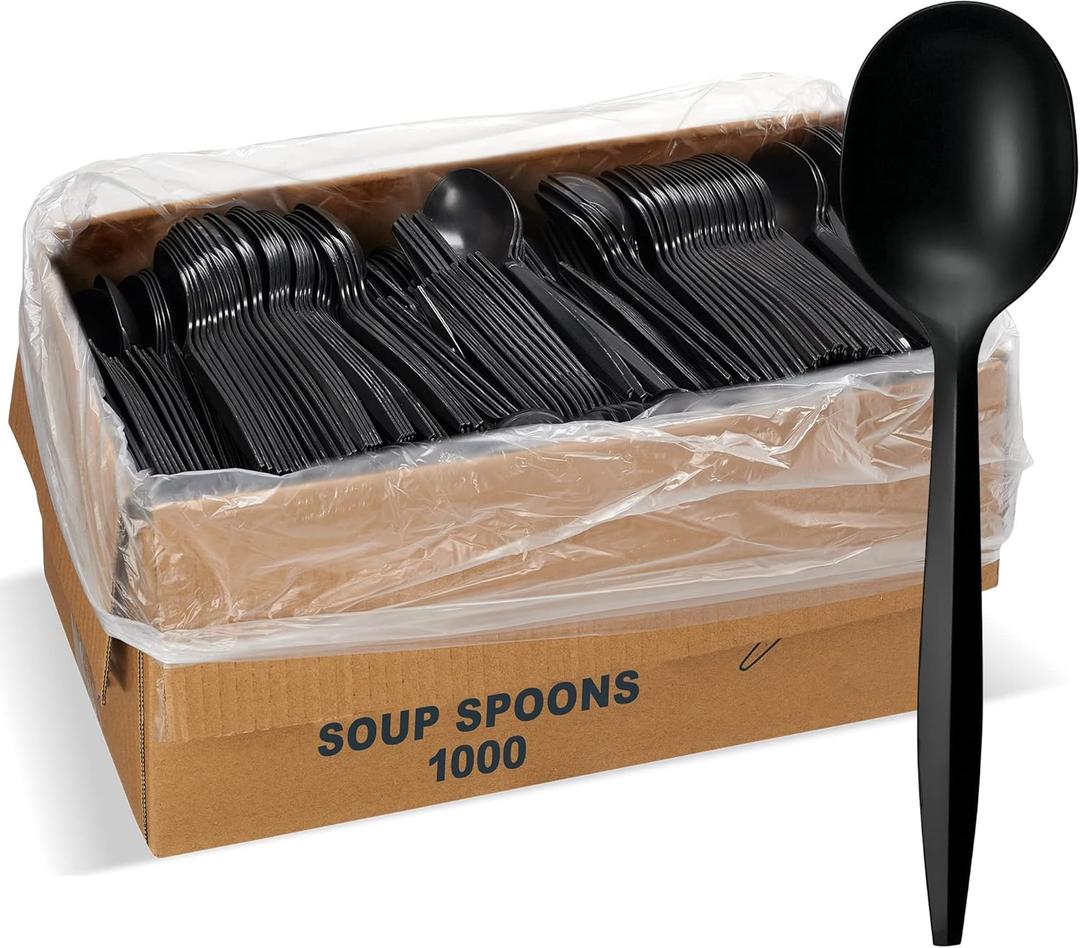 1,000 Plastic Disposable Soup Spoons Bulk Black Medium Weight Disposable Silverware Plastic Cutlery Spoons