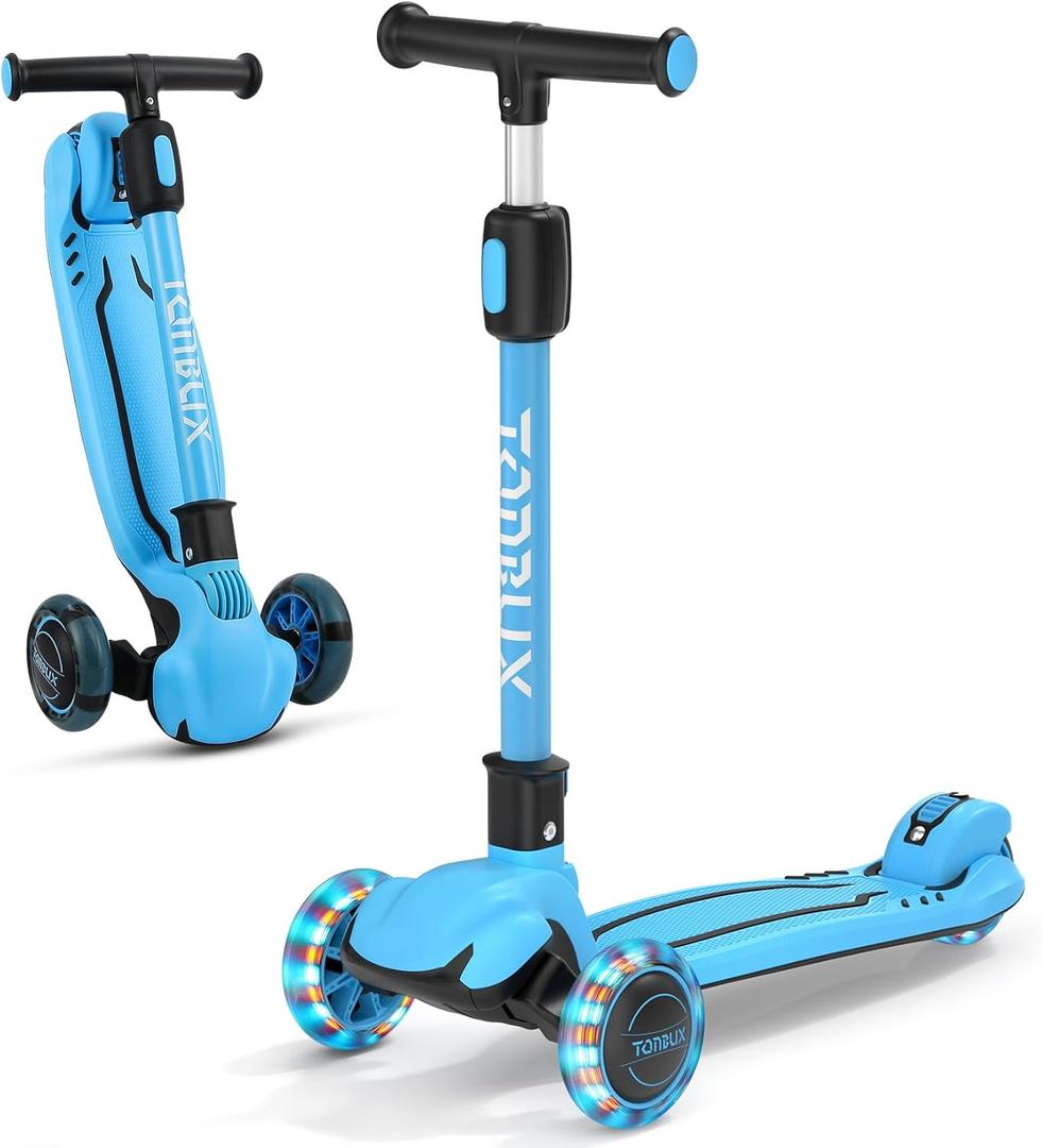 TONBUX Kids Scooter, Light Up 3 Wheel Kick Scooters for Kids 3-12, Folding Scooters with Adjustable Height - Toddler Scooter Lean-to-Steer & Widen Anti-Slip Deck (Blue)