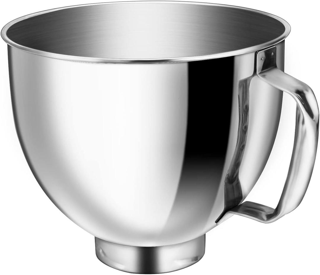 5QT Food Grade Stainless Steel Mixer Bowl, Compatible with KitchenAid Series 4.5-5QT Tilt-Head Mixers, Suitable for K45SS, KSM75, KSM90, KSM100, KSM150, Dishwasher Safe, Heavy Duty, No Residue (Metal Silver)