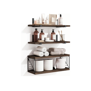 Fixwal 3+1 Tier Bathroom Floating Shelves Over Toilet, 15.8in Farmhouse Rustic Wood Shelves, Wall Decor for Bathroom, Living Room,Bedroom and Kitchen (Dark Brown)