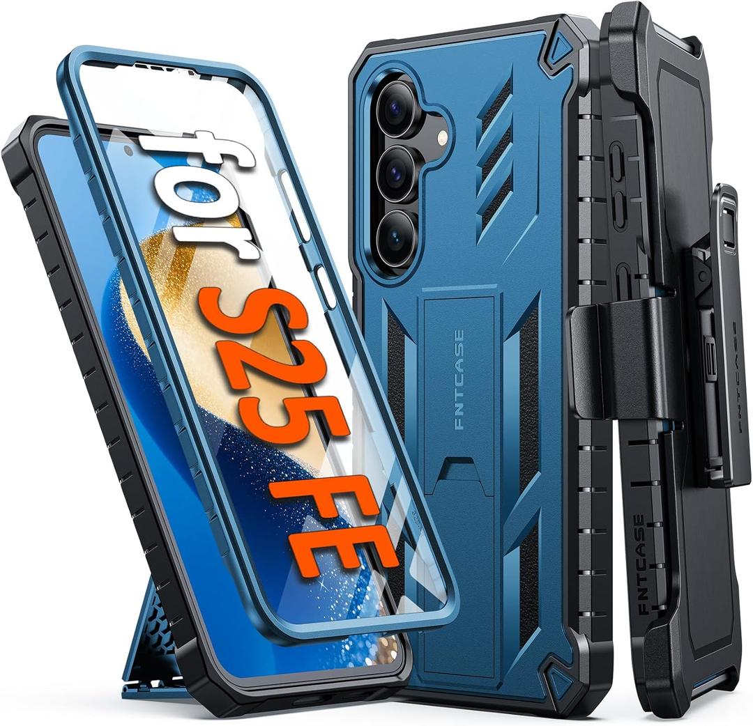 FNTCASE for Samsung Galaxy S25-FE Case: Military Grade Rugged Cell Phone Cover with Kickstand & Holster | Shockproof TPU Protection Bumper Matte Textured Design for Galaxy S25 FE Cases 6.7inch - Blue