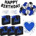 Addblu 5 Senses Gift Bags for Him with Labels Tissue Paper And Handles, 12.6"X8.7"X4" Includes Birthday Decoration Banner, Balloons, Rose Petals & Cards for Him or Her, Husband or Boyfriend (Black with Blue Lettering)