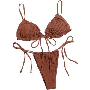 Lilosy Sexy Ribbed Padded String Thong Brazilian Bikini Swimsuit Set for Women Side Tie Knotted Bathing Suit 2 Piece (Coffee Brown) S