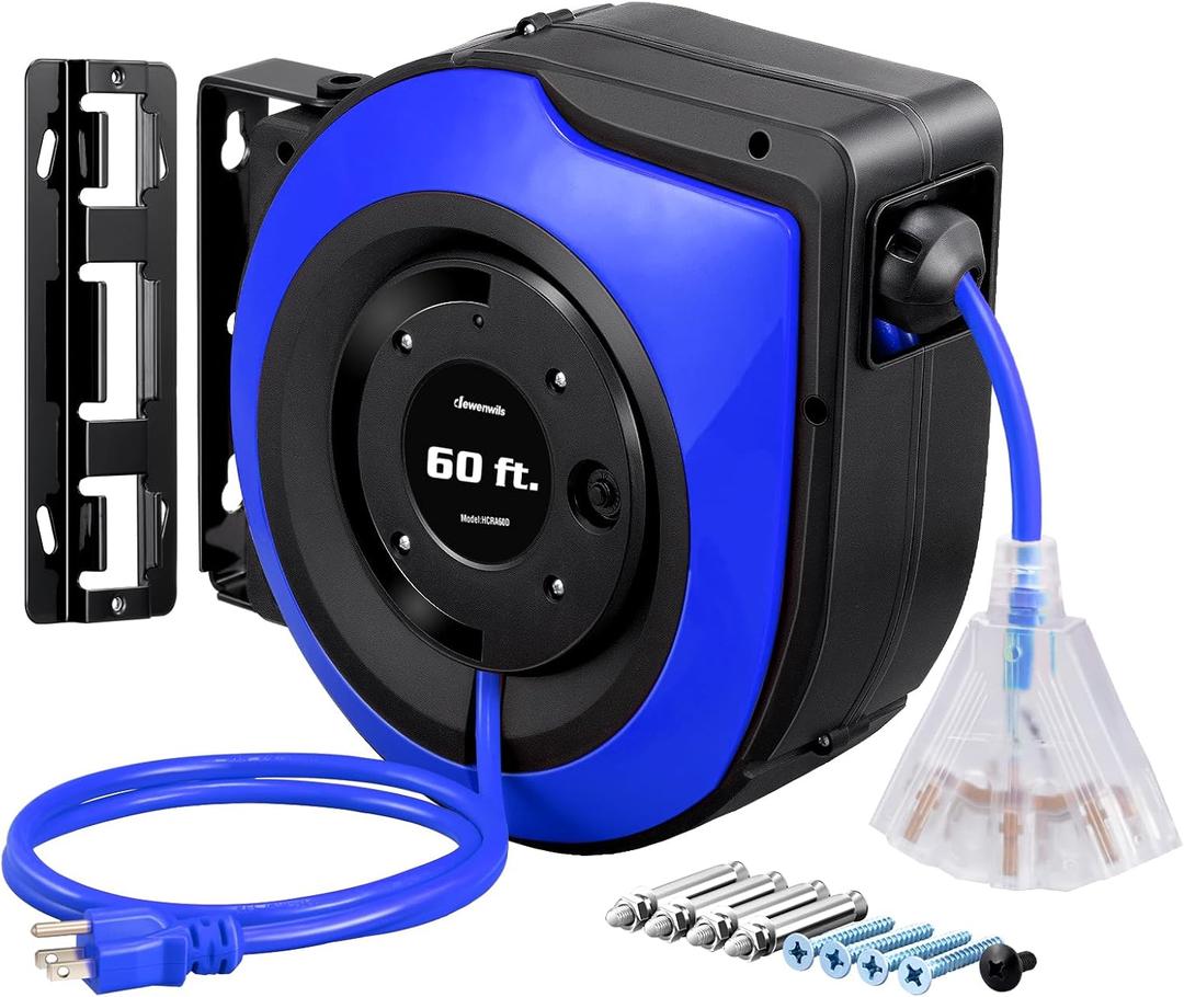 DEWENWILS Retractable Cord Reel, 60FT Heavy Duty Extension Cord, 12AWG/3C SJTOW, 3 Grounded Outlets Lighted Triple Tap, 15A Circuit Breaker, Wall/Ceiling Mounted for Garage, Workshop, UL Listed, Blue