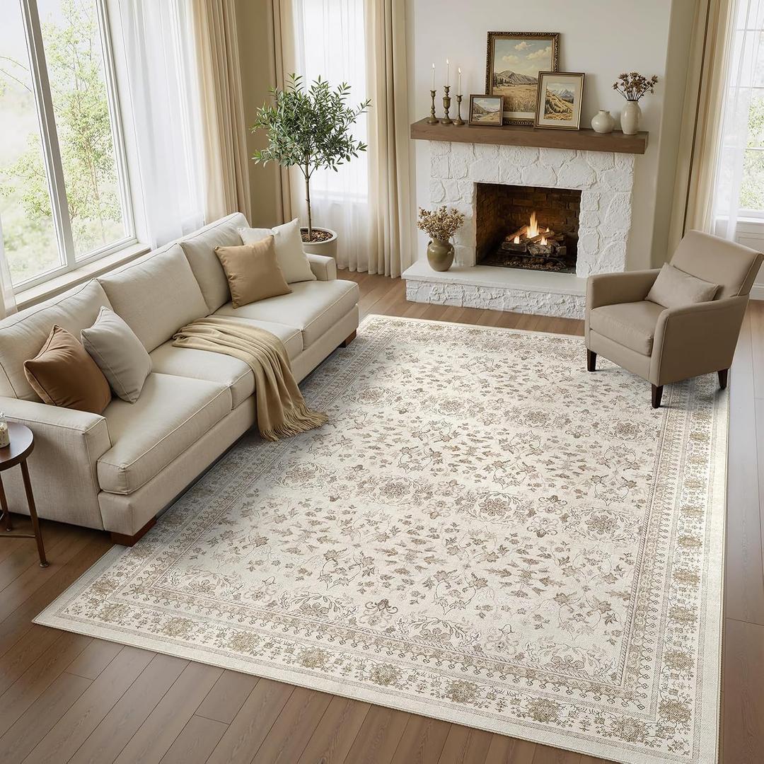 WITSHOCK 9x12 Area Rugs for Living Room - Washable Vintage Rug Retro Antique Dark Large Non Slip Low Pile Soft Indoor Floor Carpet for Bedroom Dining Room Home Decor, Beige