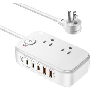 USB Charging Station for Multiple Devices PD 65W Power Strip Surge Protection 1200J, 5FT Flat Extension Cord Desktop USB Charging Hub for Travel,Home,Office,School,Dorm (White)