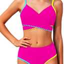 Girls Swimsuit Color Block Criss Cross V-Neck Contrast Trim Geometric Pattern Two Piece Girls Bikini Set (Pink, XS)