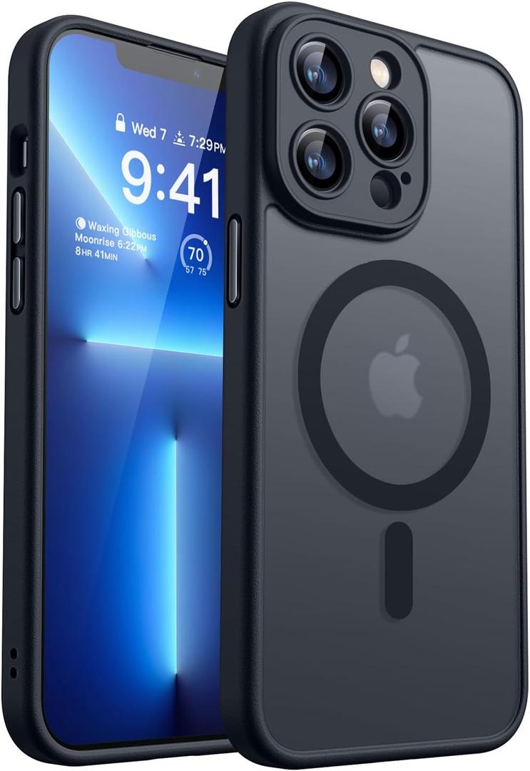 CANSHN Magnetic Compatible with iPhone 13 Pro Max Case, Upgraded [Full Camera Protection] [Compatible with Magsafe] [Translucent Matte] Shockproof Protective Phone Case Cover 6.7 Inch - Black