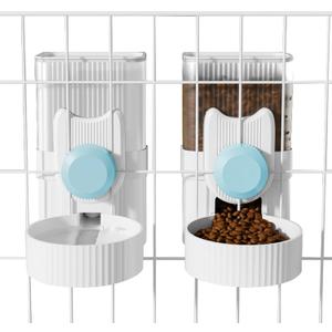 Hanging Cage Automatic Small Pet Food Bowl Water Bottle Dispenser, 1L Auto Gravity Pet Feeder and Waterer Set Kennel Feeding Station Crate Feeder Dish for Rabbit Puppy Cats Ferret (Blue)
