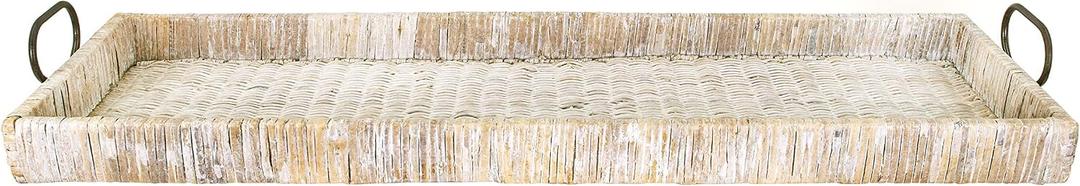 Creative Co-Op Oversize Decorative Rattan Tray with Metal Handles, Tan, Whitewashed