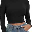 Artfish Women's Round Neck Long Sleeve Knit Ribbed Fitted Crop Top Casual Basic Shirts S