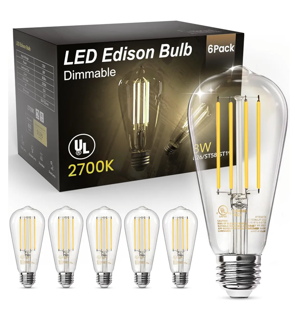 TJOY Edison Light Bulbs 60W Equivalent, Dimmable Vintage LED Light Bulbs, E26 Medium Base, Warm White 2700K, ST58, 8W, 800LM, 80+ CRI, Antique Decorative Filament LED Bulb, Clear Glass, 6 Pack
