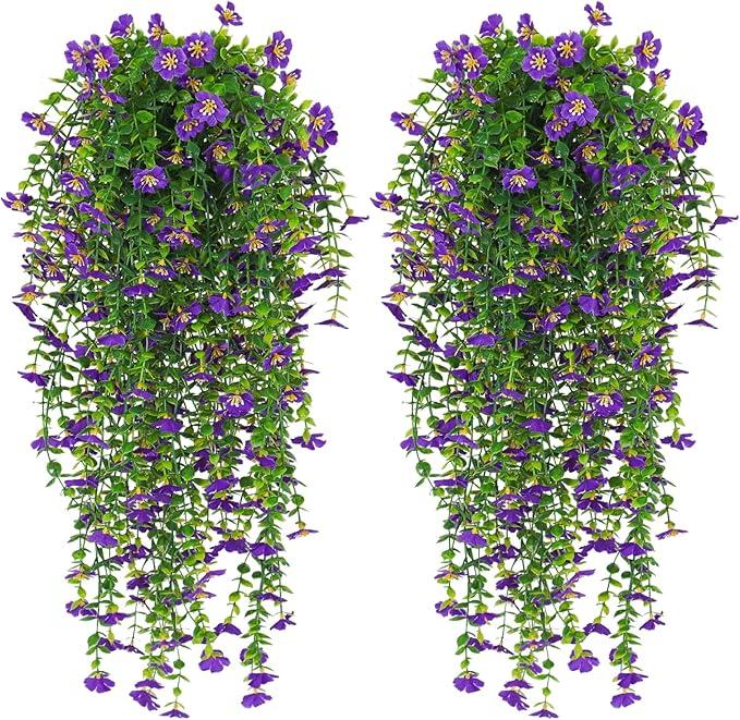 RECUTMS Outdoor Fake Flowers Artificial Hanging Plants Faux Silk Shrubs Plastic Greenery for Living Room House Wall Window Porch Office Wedding Decor 4Pcs UV Resistant (Purple)