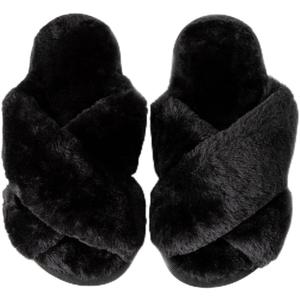 Enteer Girls Fluffy Slippers Memory Foam Soft Plush Cross Band House Shoes Indoor Outdoor Slip On (Black)
