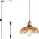 KUZZULL Plug in Pendant Light: Plug in Hanging Lamps 14.8ft Swag Cord with Rotating Switch, Amber Glass Hanging Lamp Fixture for Kitchen Island & Ceiling Hanging Lights