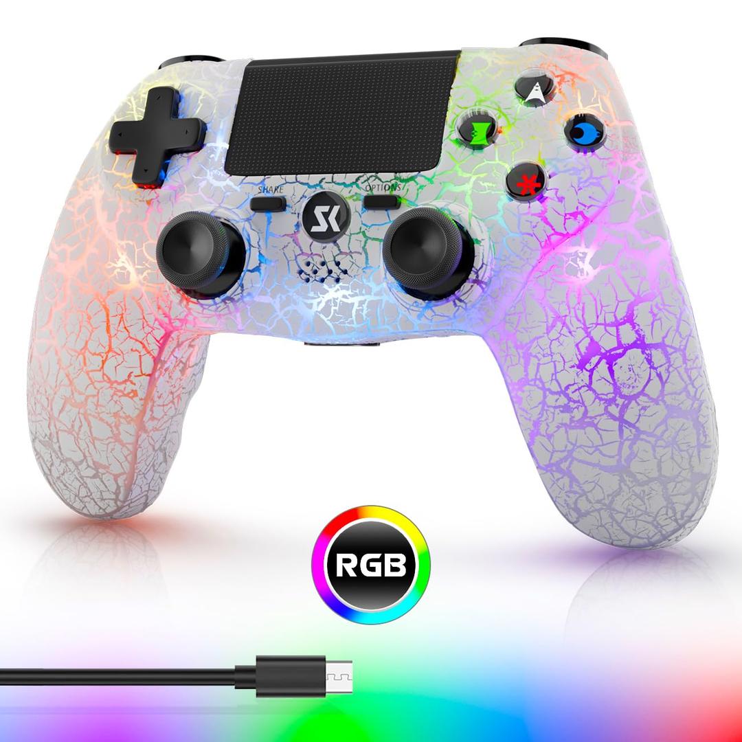 Wireless Controller for PS4, LED Backlit Controller for PS4/Pr/Slim, 1000mAh Battery, Double Shock 6Axis Motion Sensor, Builtin Speaker & 3.5mm Headphone Jack, Adjustable RGB Backlight, White