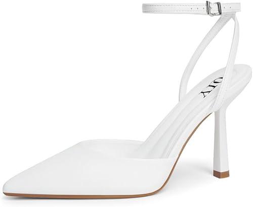 QIY Closed Toe Ankle Strap Heels Women Pumps Pointed Toe Heeled Sandals for Women Stiletto Wedding Dress Shoes, Size 7