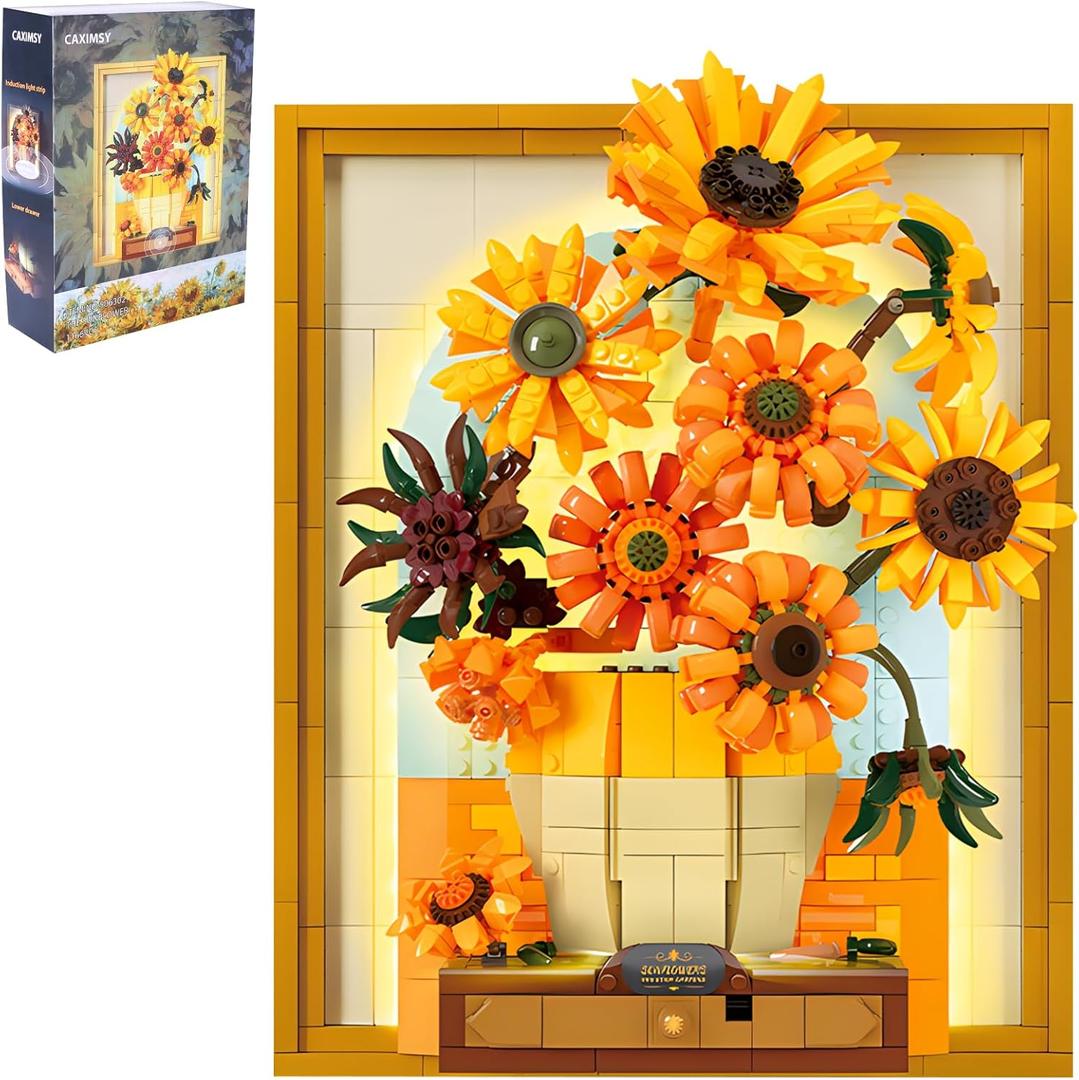 CAXIMSY Flowers Sunflower Building Block Sets Crafts for Adults Sunflowers Wall Art Painting Frame Gifts for Mother's/Valentine's DayArtificial Flower for Room Home Decor1166 Pieces