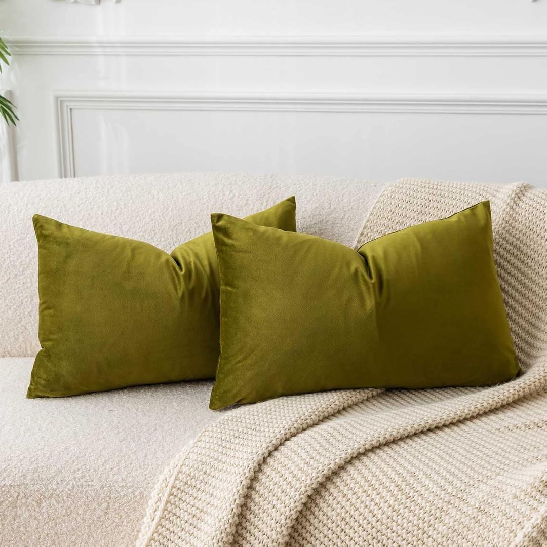 JUSPURBET Olive Green Decorative Lumbar Velvet Throw Pillow Covers 12x20,Pack of 2 Luxury Soft Solid Cushion Cases for Sofa Couch Bed 