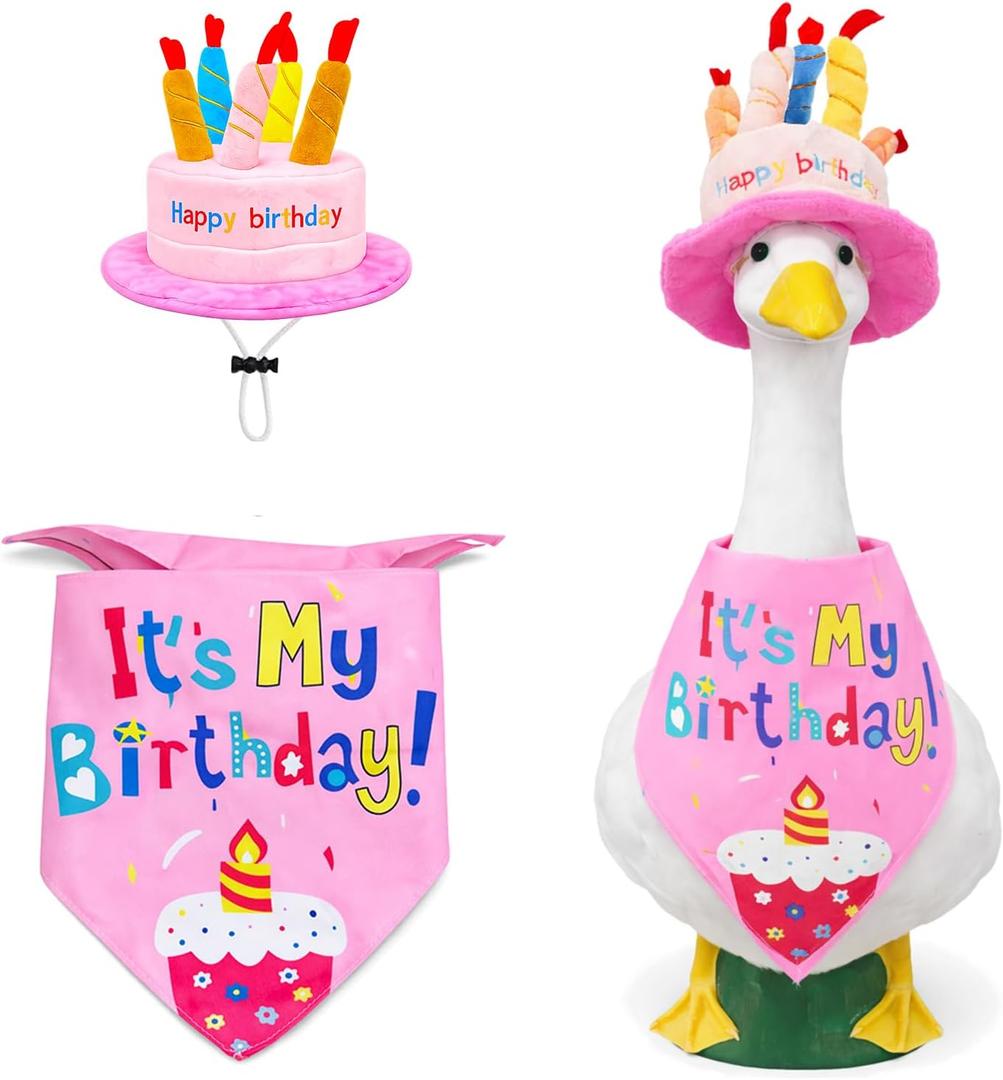 Porch Goose Birthday Outfit for 23" Lawn Goose Statue | with Hat and Scarf, Happy Birthday Goose Outfit Costume Porch Goose Outfits Yard Geese Outfits (Pink)