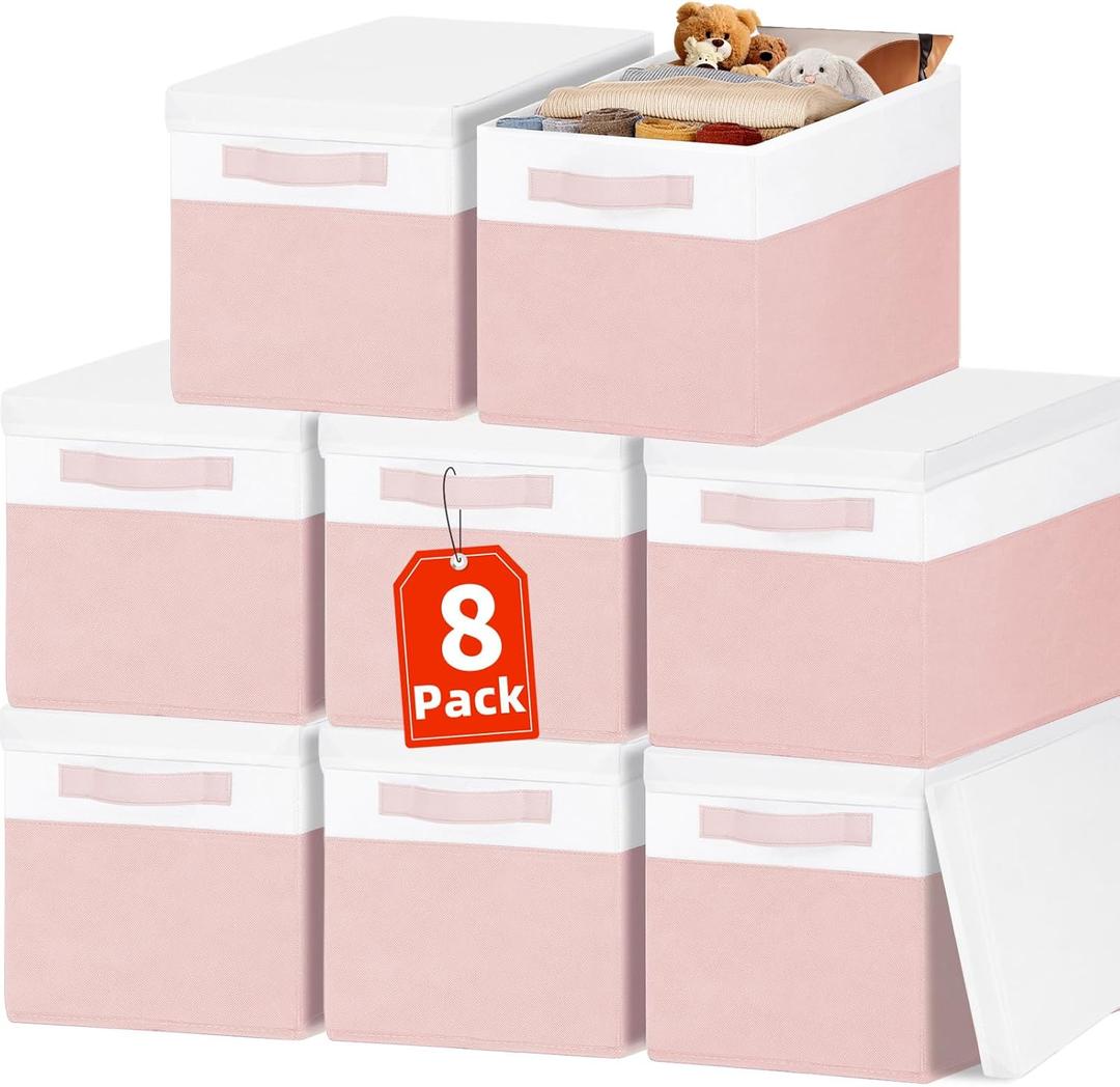 Large Closet Organizer Bins with Lids 8 Pack - Pink Storage Baskets for Shelves Nursery Bedroom Dorm RV - Stackable Decorative Closet Organization Box with Handles for Clothes Purse Blanket Towel