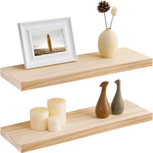 Fun Memories Farmhouse Floating Shelves - 8 Inch Deep Rustic Wood Wall Shelf - Premium Solid Pine Wood Storage Shelf for Kitchen Living Room Bedroom - 24" W x 8" D - Set of 2 - No Stain - Unfinished (Natural Pine - Satin Clear Coat Finish)