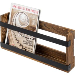 MyGift Rustic Burnt Solid Wood and Industrial Matte Black Metal Magazine Display Rack, Wall Mountable Double Wide Book Holder or Standing Organizer