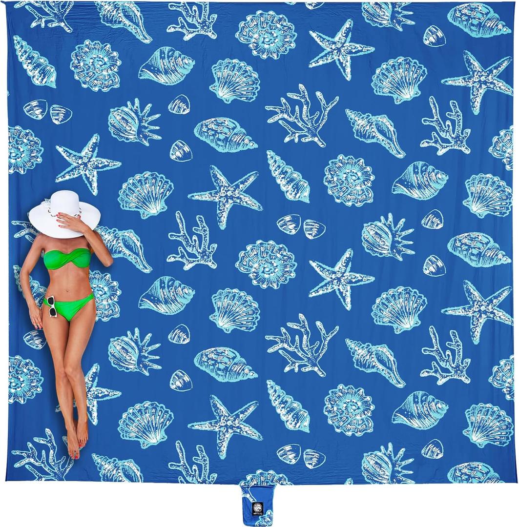 WEKAPO Beach Blanket Waterproof Sandproof Oversized, Extra Large Beach Mat Sand Free, Lightweight & Compact Sand Free Mat with 6 Stakes & 4 Corner Pockets (Blue Sea Shells, 11 x 9 FT (1～9 Person))