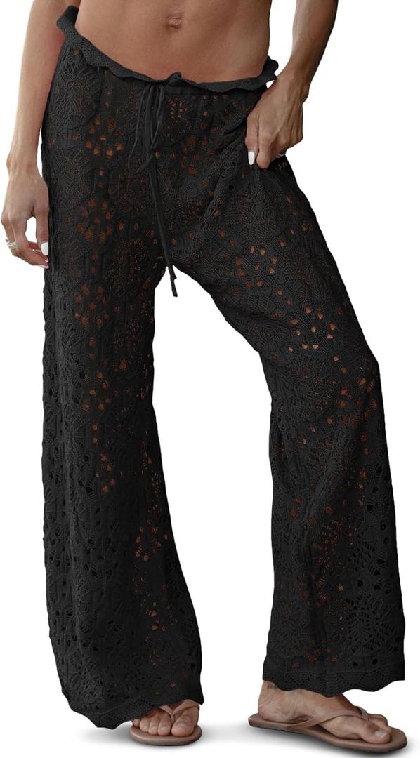Saodimallsu Womens Crochet Swimsuit Coverup Pants High Waisted Drawstring Sexy Sheer Mesh Knit Wide Leg Beach Pants (Medium, Black)