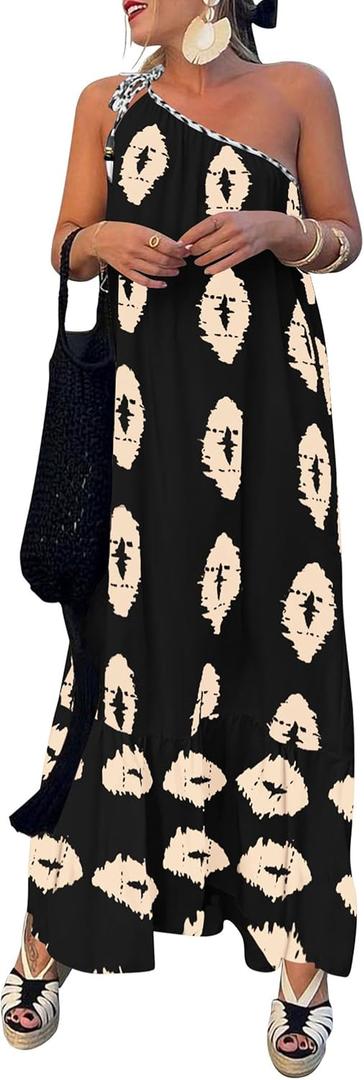 PRETTYGARDEN Women's 2026 Summer One Shoulder Maxi Dress Printed Flowy Boho Long Sundresses Spring Beach Vacation Clothes (Black Apricot Floral, Small)